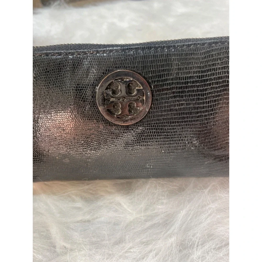 Tory Burch Black Lizard Embossed Leather Zip Wallet With Logo Accent & Metal Zip